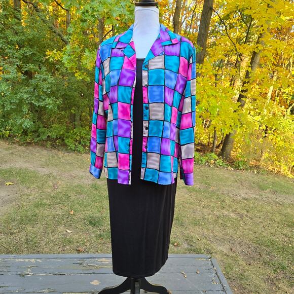 VTG Notations Blouse Shacket Multicolored Liquid Checkered Button Front Size Lrg - Picture 1 of 15
